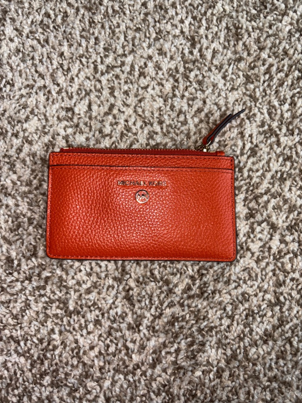 Michael Kors Bright Orange Pebbled Leather Zip Card Wallet